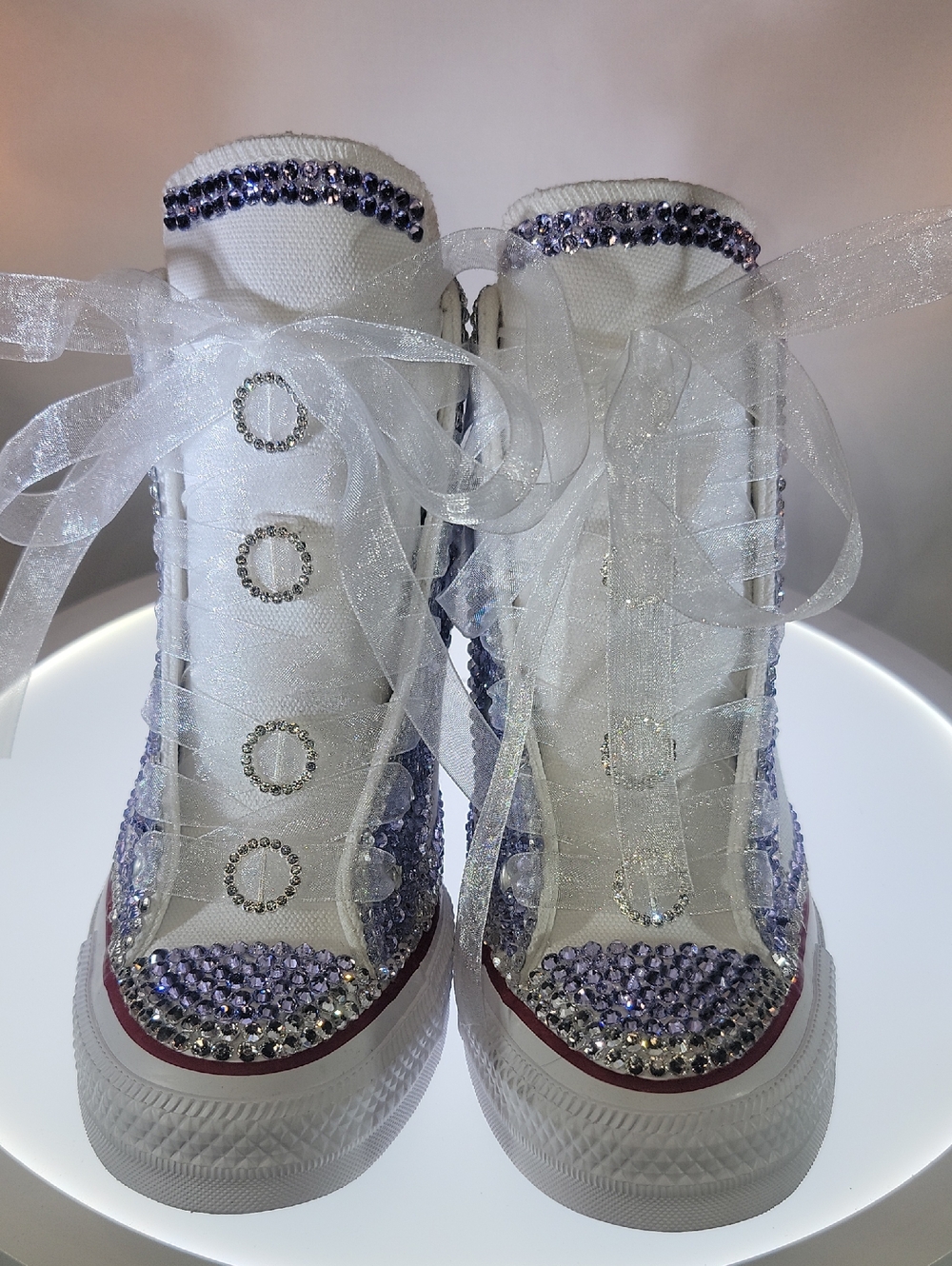 White High-Top Sneakers with Lilac Crystal Accents and Sheer Ribbon Laces